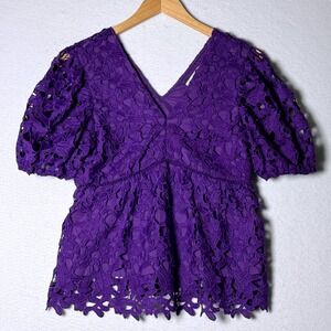 Purple Lace Puff Sleeve‎ Peplum Top Womens Size Small Boho Romantic Chic